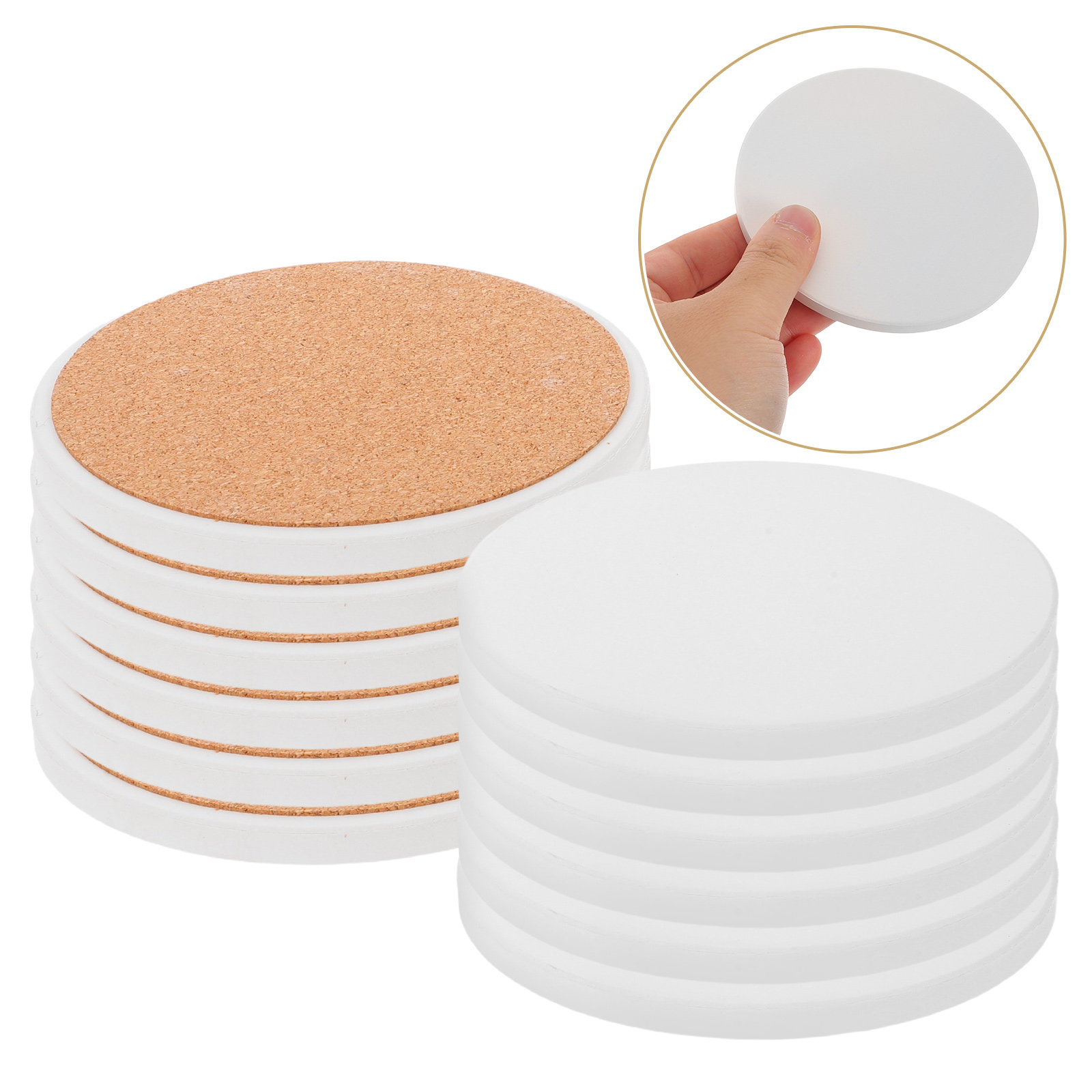 Coaster Sublimation Blank - 12個入り昇華型コースターブランク、白い丸型セラミックコースター、コルク製裏地付き、DIYクラフト、絵画、家庭用熱転写