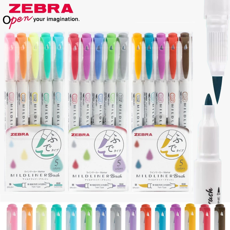 Zebra Pen Sarasa - ゼブラマイルドライナー蛍光ペンセット、日本の文房具、両端ソフトブラシ、水性マーカー、画材、wft8