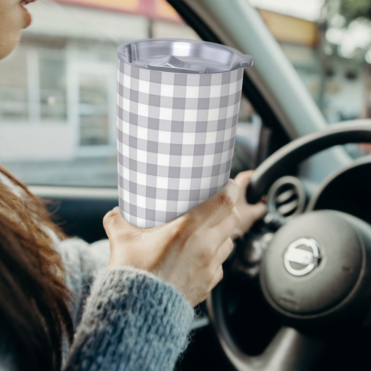 グレーと白のギンガムチェック柄ステンレス鋼タンブラー真空断熱 - Tumbler 20Oz White のレビューと価格